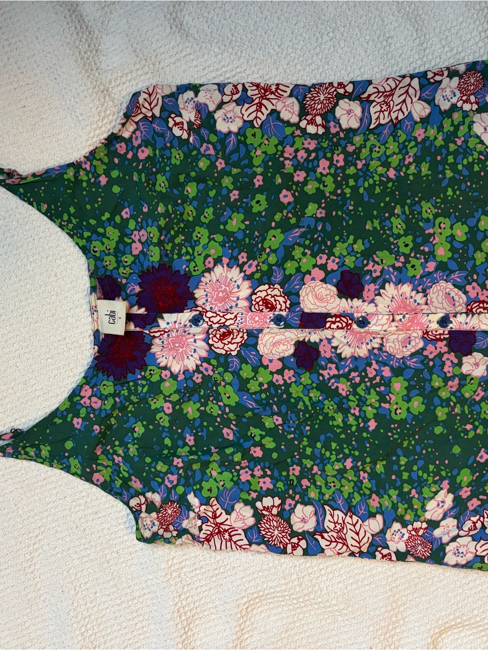 CAbi Floral Button-Front Sleeveless Top in Green, Blue and Pink